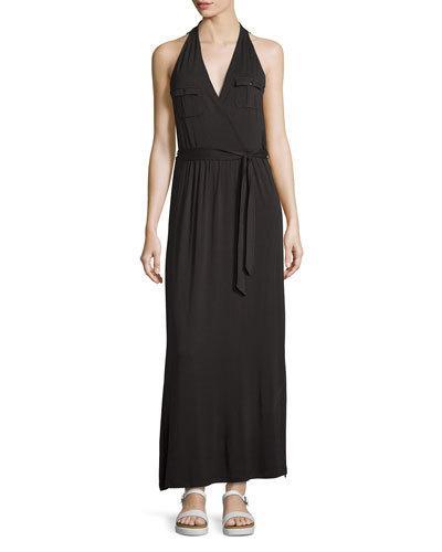 Belted Sleeveless Military Maxi Dress, Black