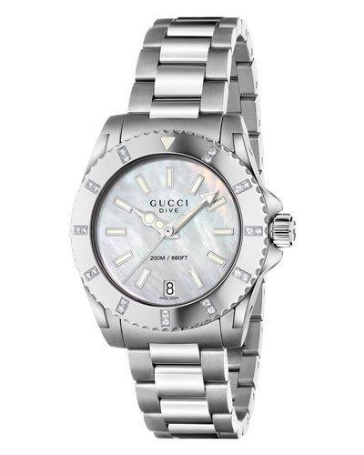 32mm Dive Bracelet Watch W/ Pave Diamonds, White