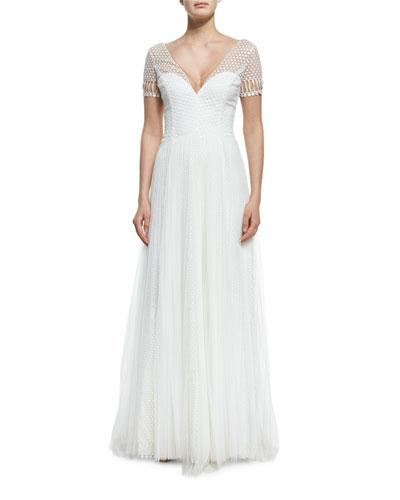 Short-sleeve V-neck Netting Gown, Ivory