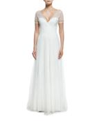 Short-sleeve V-neck Netting Gown, Ivory