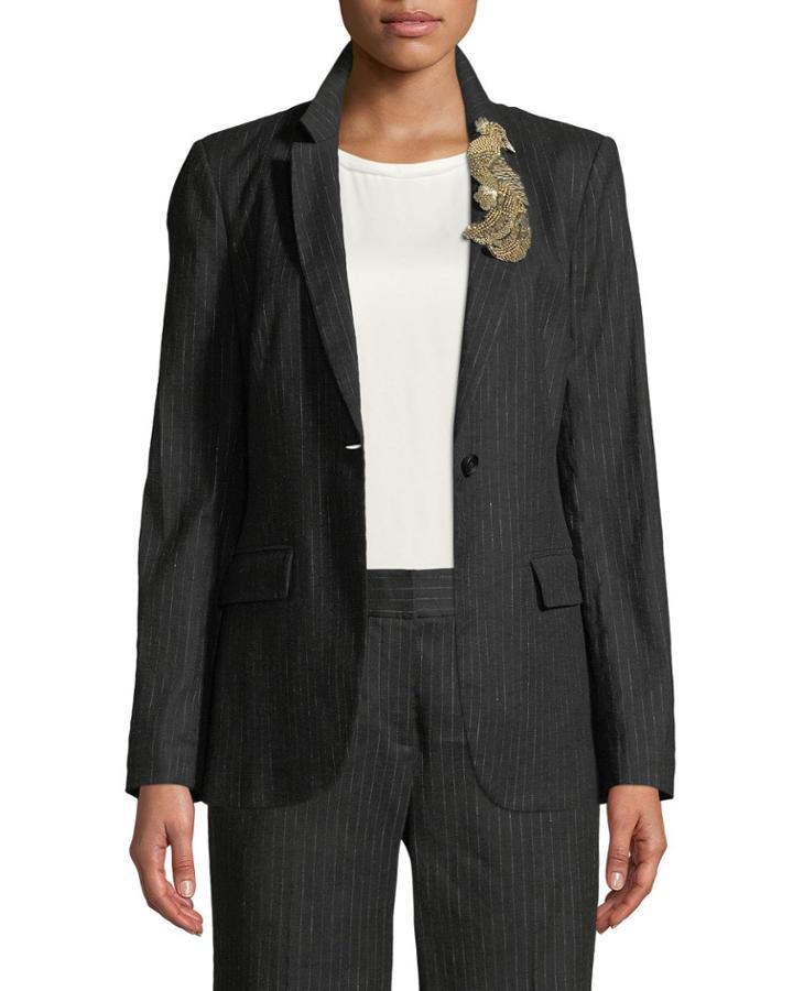 Revi Pinstripe Jacket With Bird Embellishment