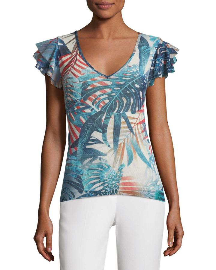 Ruffle-sleeve Jungle-print Top