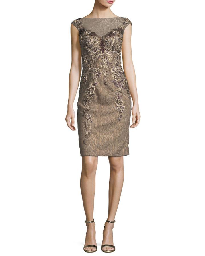 Embellished Cap-sleeve Lace Illusion Dress