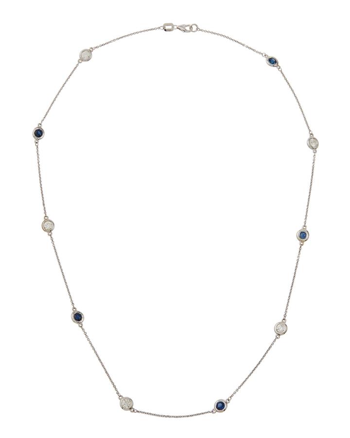 Estate 14k White Gold Diamond & Sapphire Necklace, Blue
