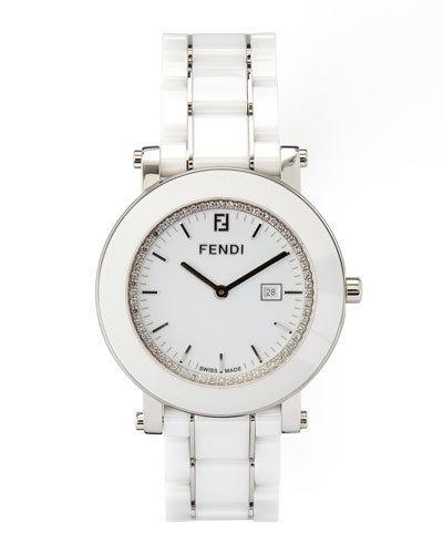 Round Ceramic Diamond Stainless Steel Watch, White