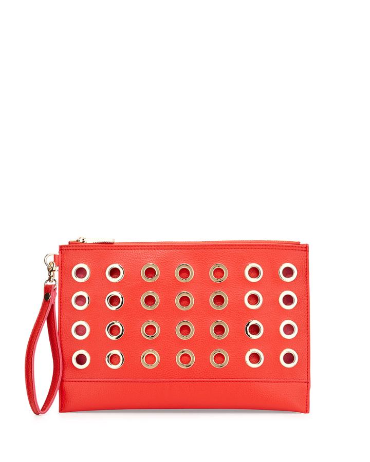 Neiman Marcus Grommet Large Faux-leather Pouch, Orange-red