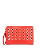 Neiman Marcus Grommet Large Faux-leather Pouch, Orange-red