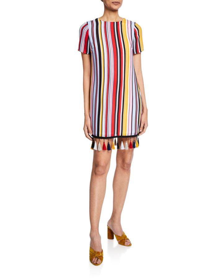 Striped Crewneck T-shirt Dress W/ Tassel Hem