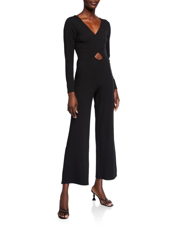 Vented Crossover Long-sleeve Wide-leg Jumpsuit