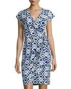 Cap-sleeve Jersey Wrap Dress, Blue Pattern