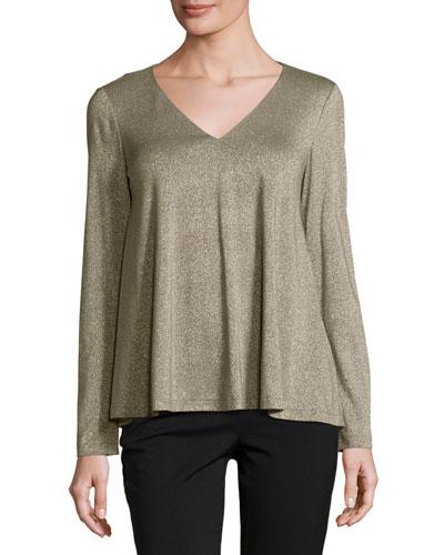 Metallic V-neck Swing Top, Neutral