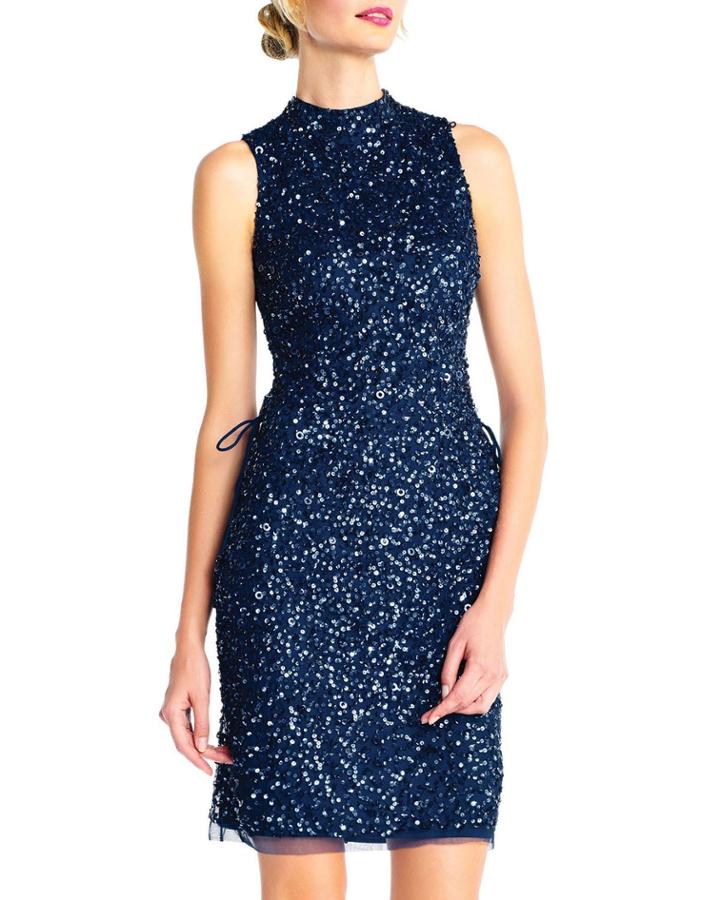 Mock-neck Sequined Lace-up