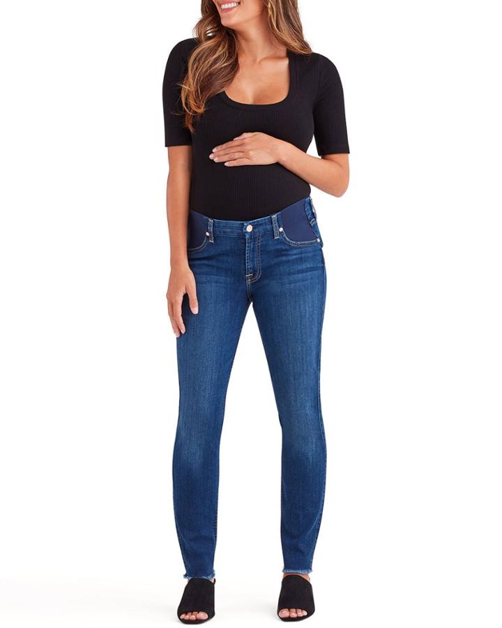 Ankle Skinny Maternity Jeans W/ Frayed Hem