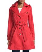 Hooded Belted Rain Jacket, Bistro Red