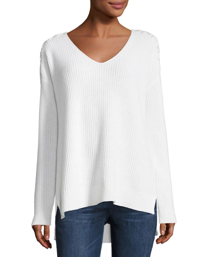 Shaker-stitch Cashmere Pullover W/ Lace-up