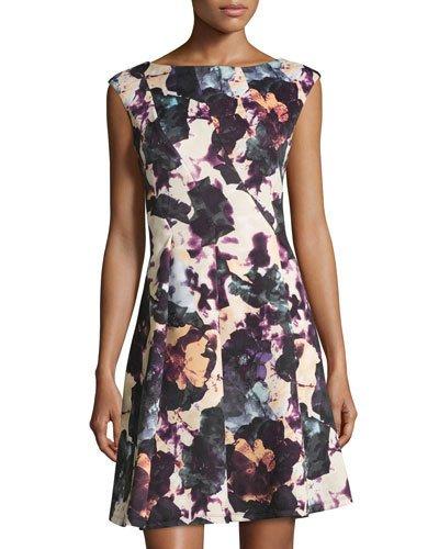 Asymmetric-seam Floral-print Dress, Black/purple