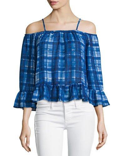 Plaid-print Cold-shoulder Blouse, Blue