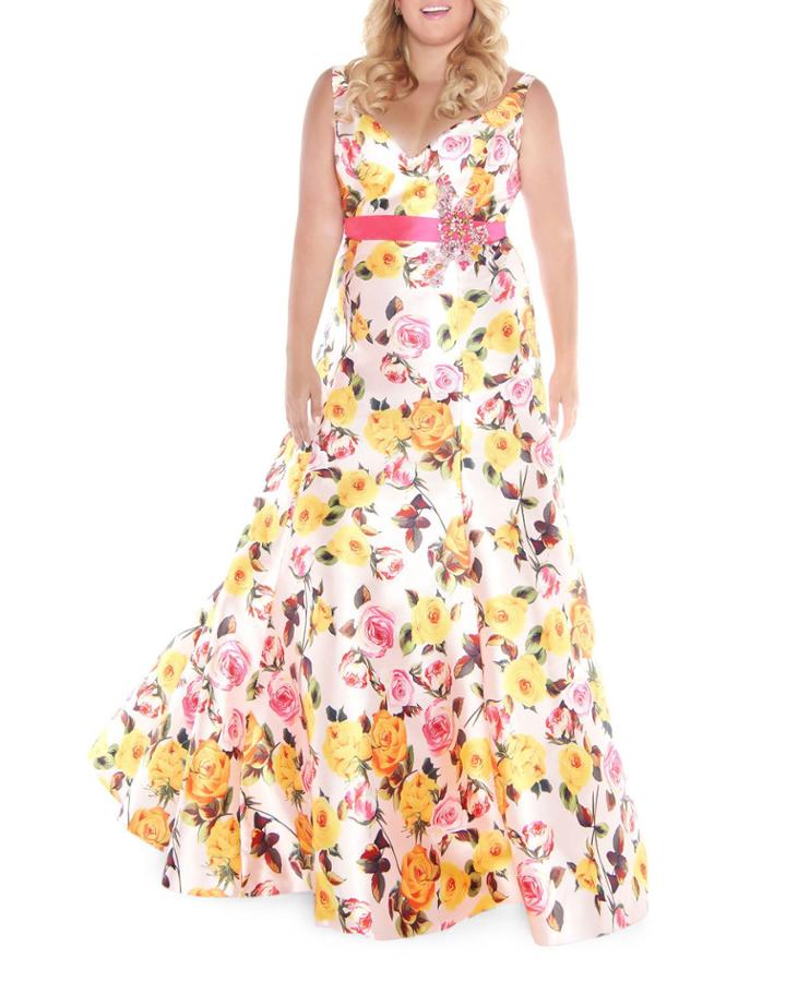 Plus Size Floral V-neck Sleeveless Ball Gown