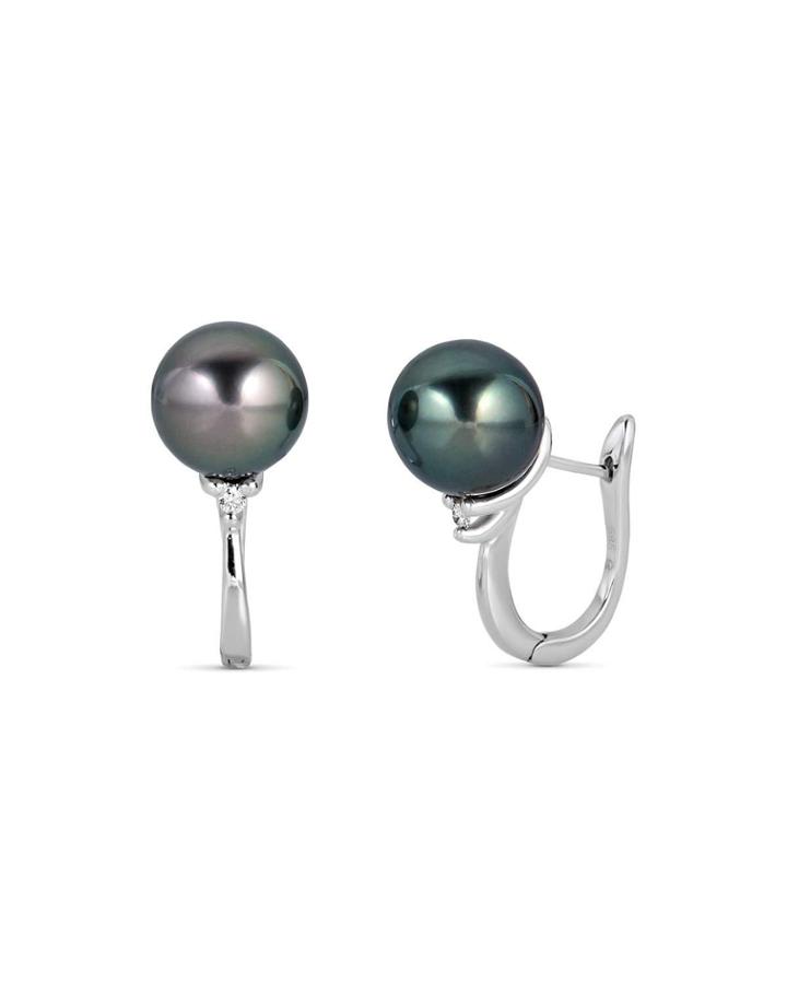 14k White Gold Black Pearl & Diamond Huggie Earrings