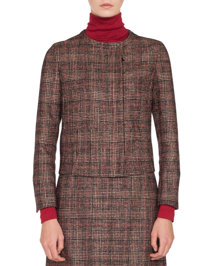 Stan Zip-front Round-neck Wool-silk Plaid Jacket