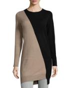 Long-sleeve Asymmetric Colorblock Sweater, Black/pebble