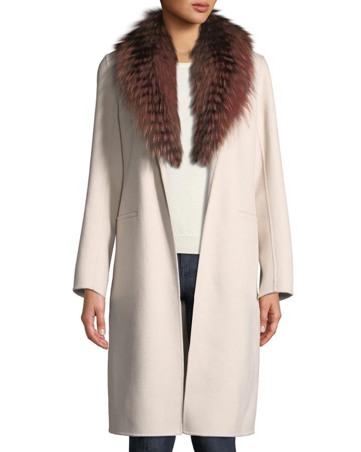 Luxury Open-front Cashmere Coat W/ Fox Fur Collar
