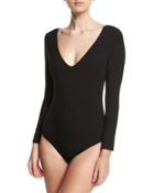 Double V-neck Long-sleeve Bodysuit, Black