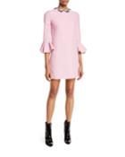 Elbow-sleeve A-line Crepe Couture Mini Cocktail Dress W/ Butterfly Jewels