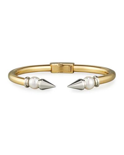 Two-tone Hinged Pearl Spike Bangle Bracelet, Gold/white