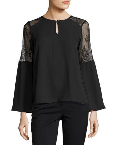 Bell-sleeve Lace-panel Top, Black