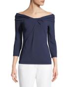 Twist-neck 3/4-sleeve Off-shoulder Jersey Blouse