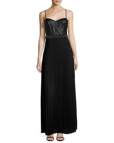 Mixed-media Pleated Gown, Black