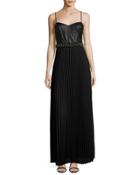 Mixed-media Pleated Gown, Black