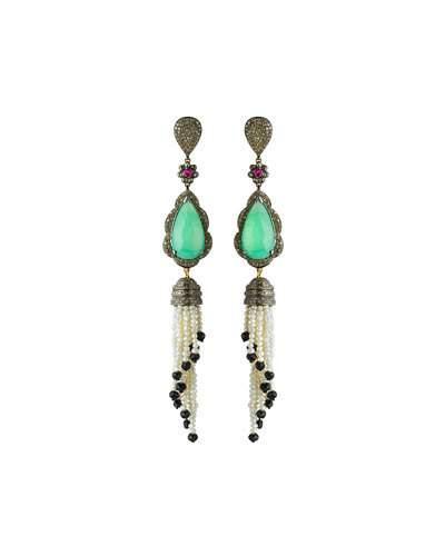 Mixed Gemstone Diamond & Pearl Tassel Earrings