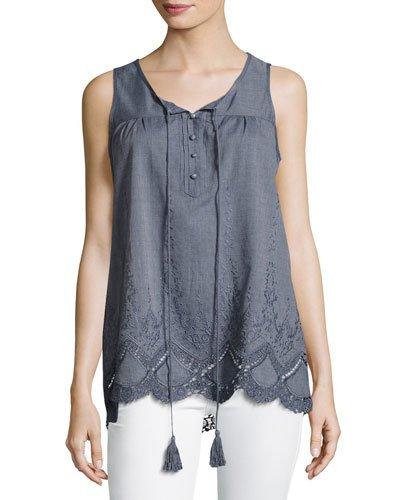 Tassel-tie Chambray Tank Top, Blue
