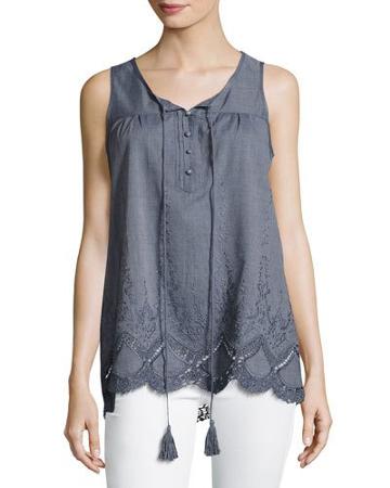 Tassel-tie Chambray Tank Top, Blue