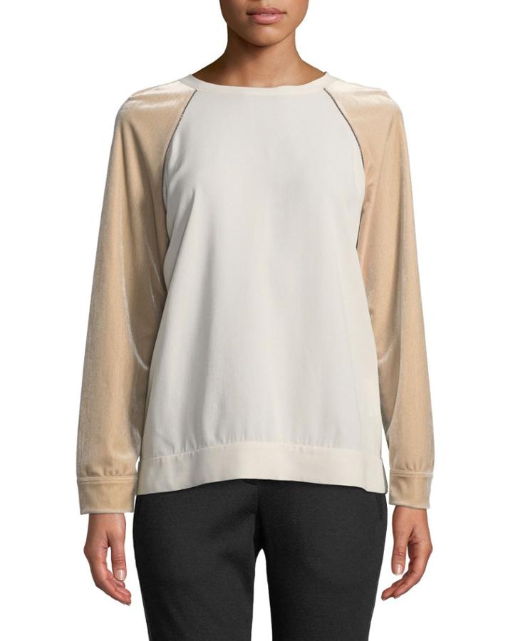 Velvet-sleeve Silk Crepe Crewneck Top With