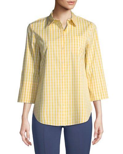 3/4-sleeve Button-front Gingham Top, Yellow