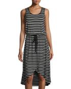 Striped Drawstring High-low Dress, Black/white
