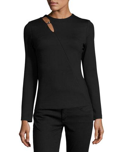 Split-neckline Long-sleeve Knit Tee, Black