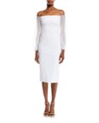 Off-the-shoulder Organza-sleeve Fitted Midi Cocktail Dress