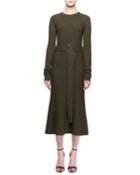 Jewel-neck Long-sleeve Belted A-line Wool