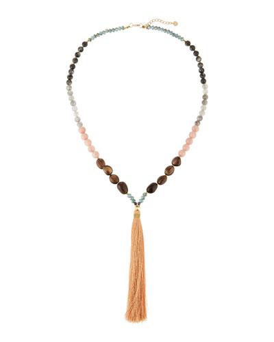 Long Multi-stone Beaded Tassel Necklace, Rose Quartz