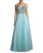 Embellished-bodice Gown W/strappy Back, Aqua