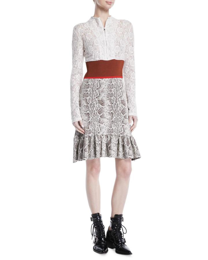 Python Jacquard Knit And Lace Long-sleeve Dress