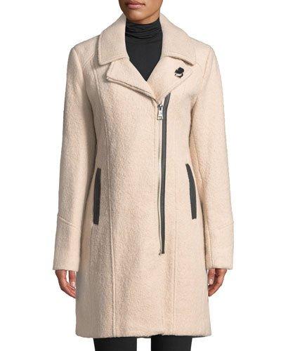Notched-collar Long Wool Coat, Beige