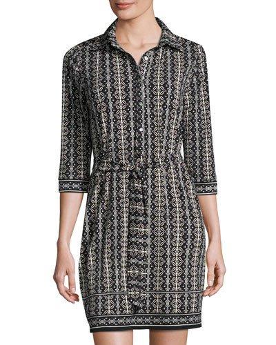 Belted Stripe-print Jersey Shirtdress, Black/parchment