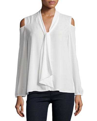Cold-shoulder Blouse With Tie-front, Eggshell