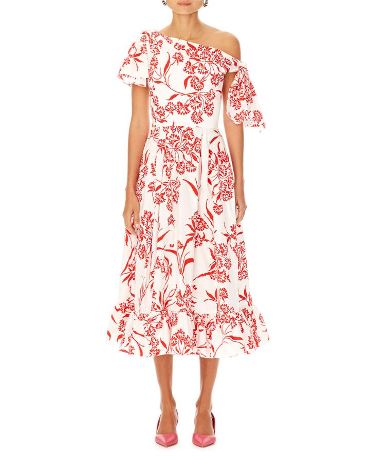 Asymmetric Floral-print Cotton Dress W/ Knot Detail