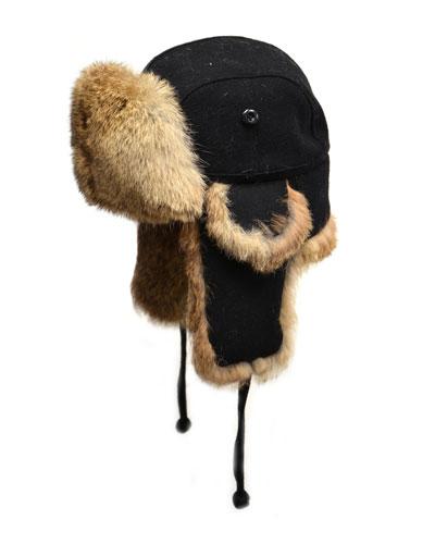 Wool Aviator Hat With Rabbit Fur, Black